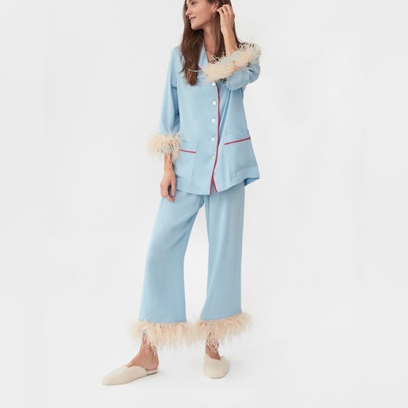 Sleeper -  Blue/Beige Pajama Party Pants Ostrich Feather Pants - Picture 3 of 12